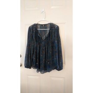 Rose & Olive Large Blue and Brown Paisley9 Blouse, Sheer with Ties